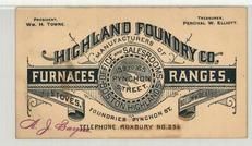 Highland Foundry Co. Manufacturers of Furnaces and Ranges, Perkins Collection 1850 to 1900 Advertising Cards